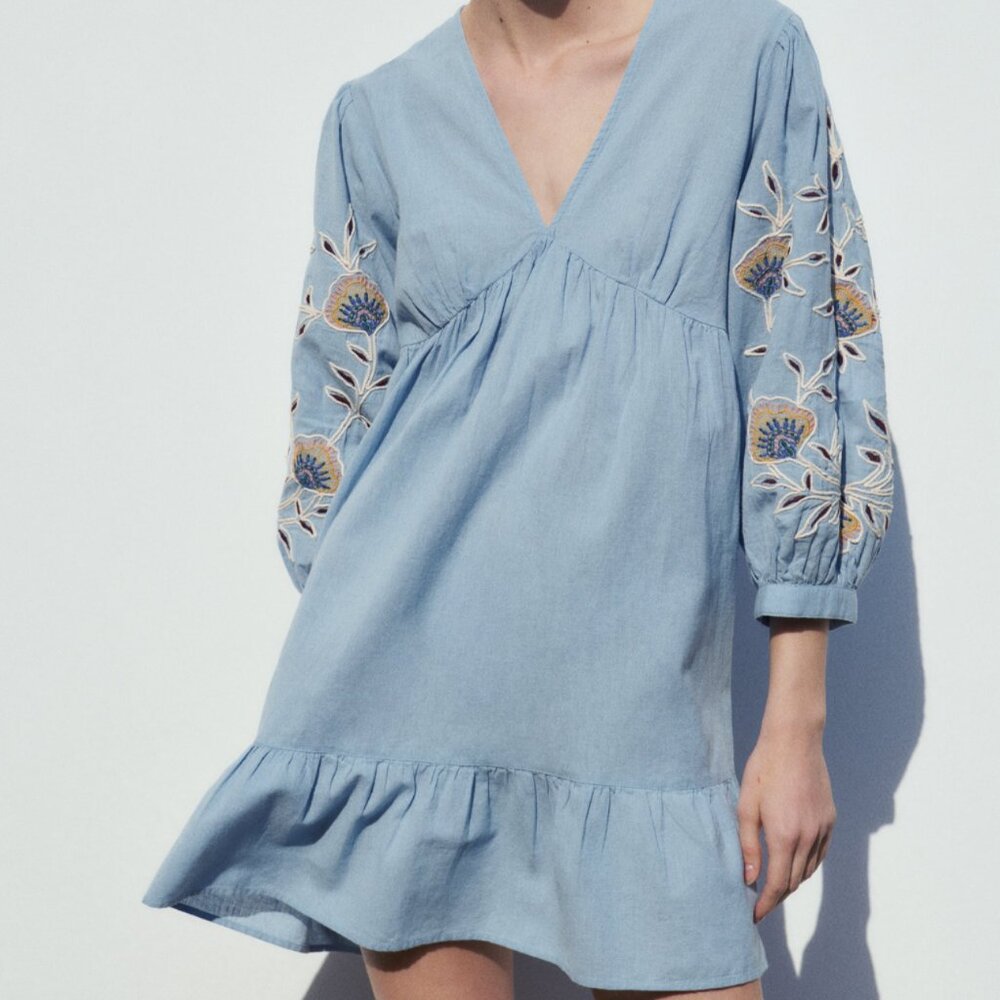 Zara Linen Blend Embroidered Babydoll Dress Blue Boho V Neck Large